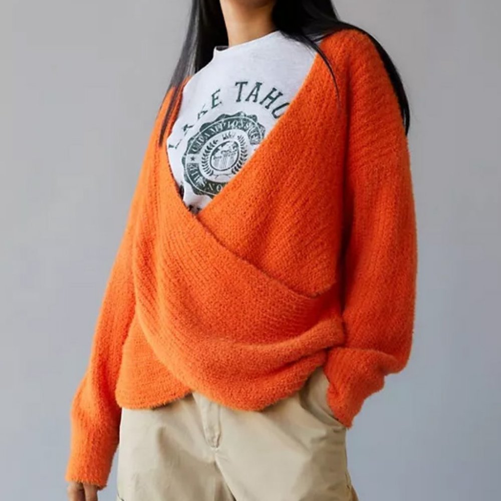 NEW Urban Outfitters Orange Kane Wrap Soft Fuzzy Knit Cozy Sweater $69 M or L - Picture 8 of 9